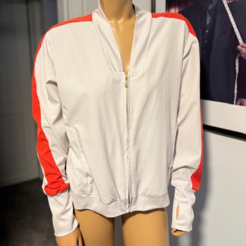 Anne Klein tan bomber jacket with orange stripe Sz M